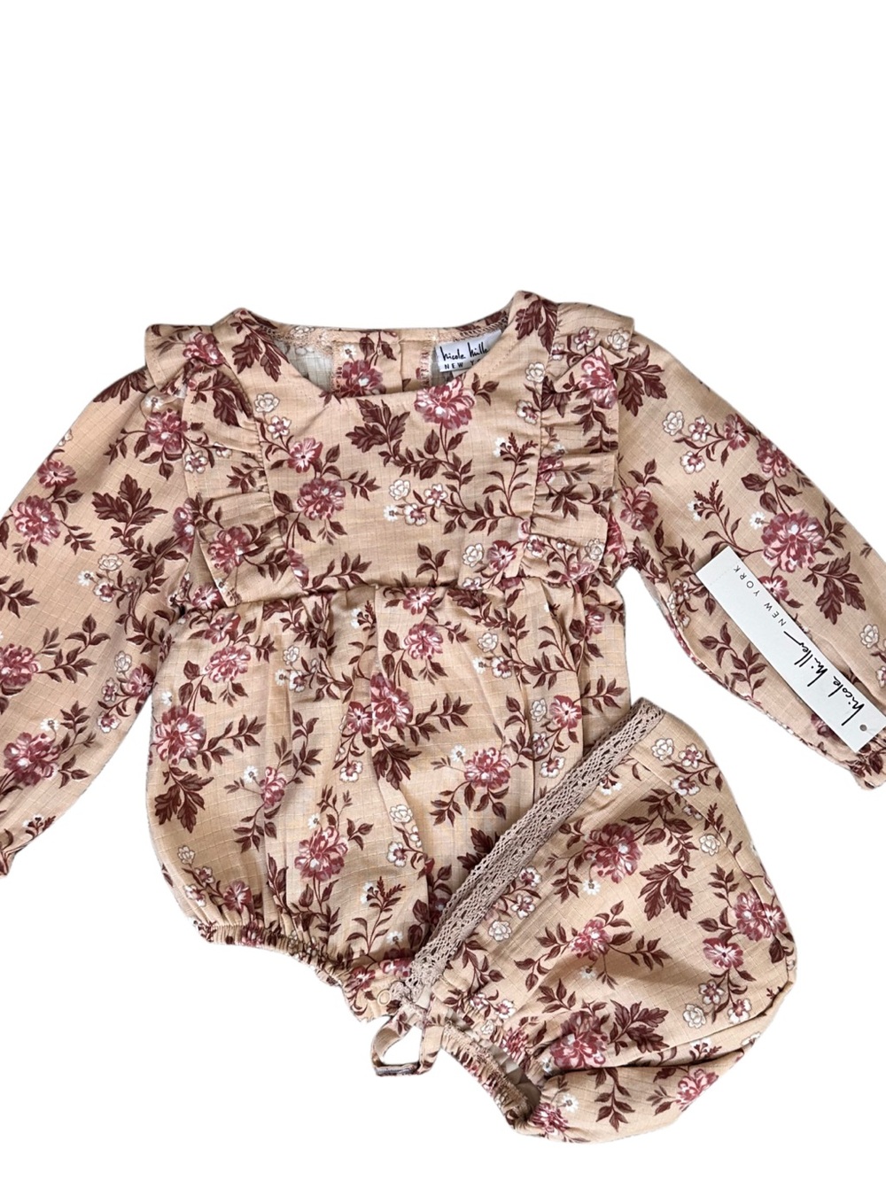 Nicole Miller Beige Floral Ruffle Long-Sleeve Baby One-Piece